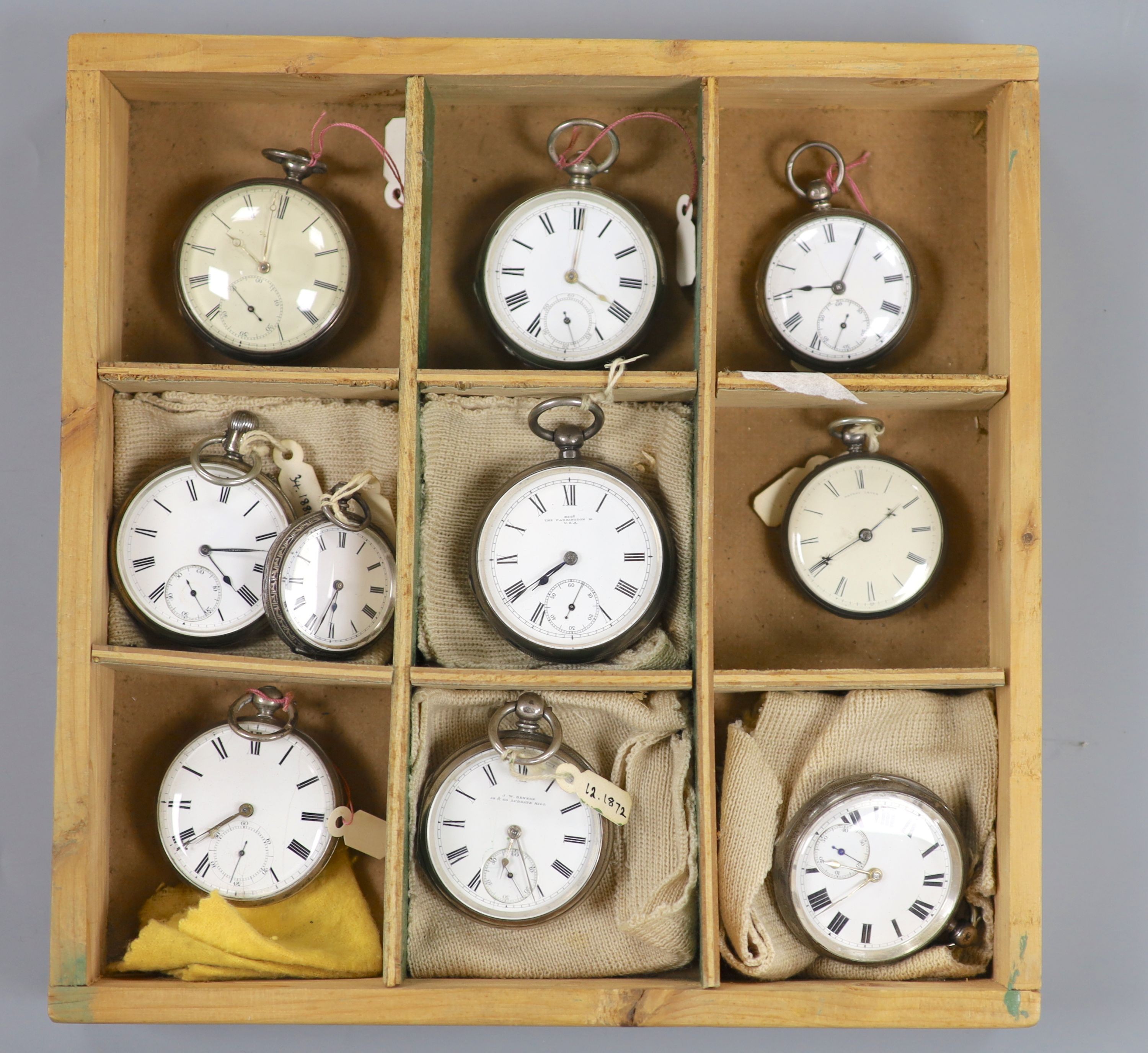 Ten assorted Victorian silver keyless and keywind pocket/fob watches.